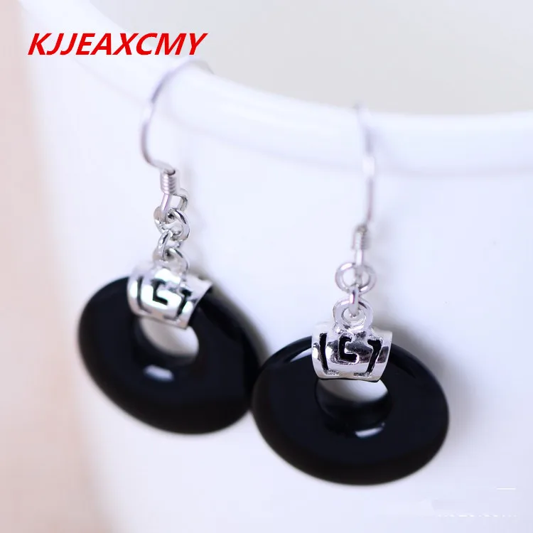 

KJJEAXCMY 925 sterling silver jewelry natural Black Agate Earrings small disc female