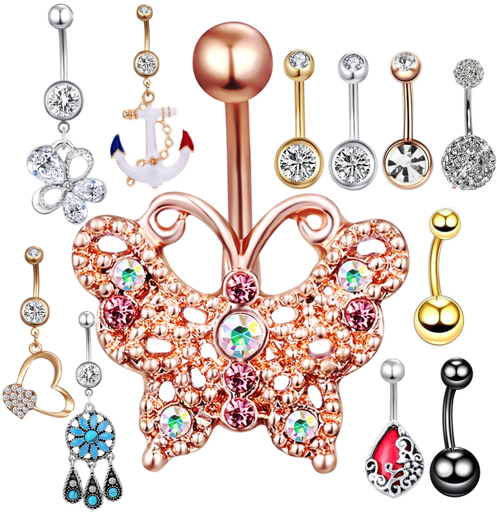 

TIANCIFBYJS 14G Stainless Steel Belly Button Rings for Women Girls Navel Rings CZ Body Piercing Dangle Hangling Belly Bar Heart