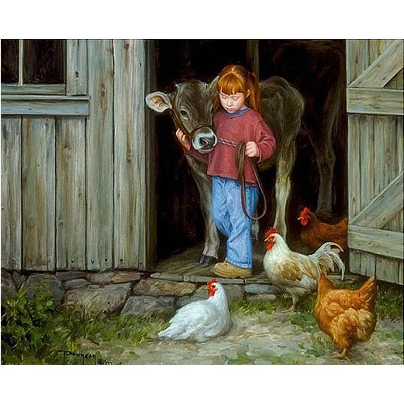 Diamond embroidery Round Rhinestone farmhouse girl and animals DIY Painting Cross stitch Mosaic Home Decor Handcraft | Дом и сад