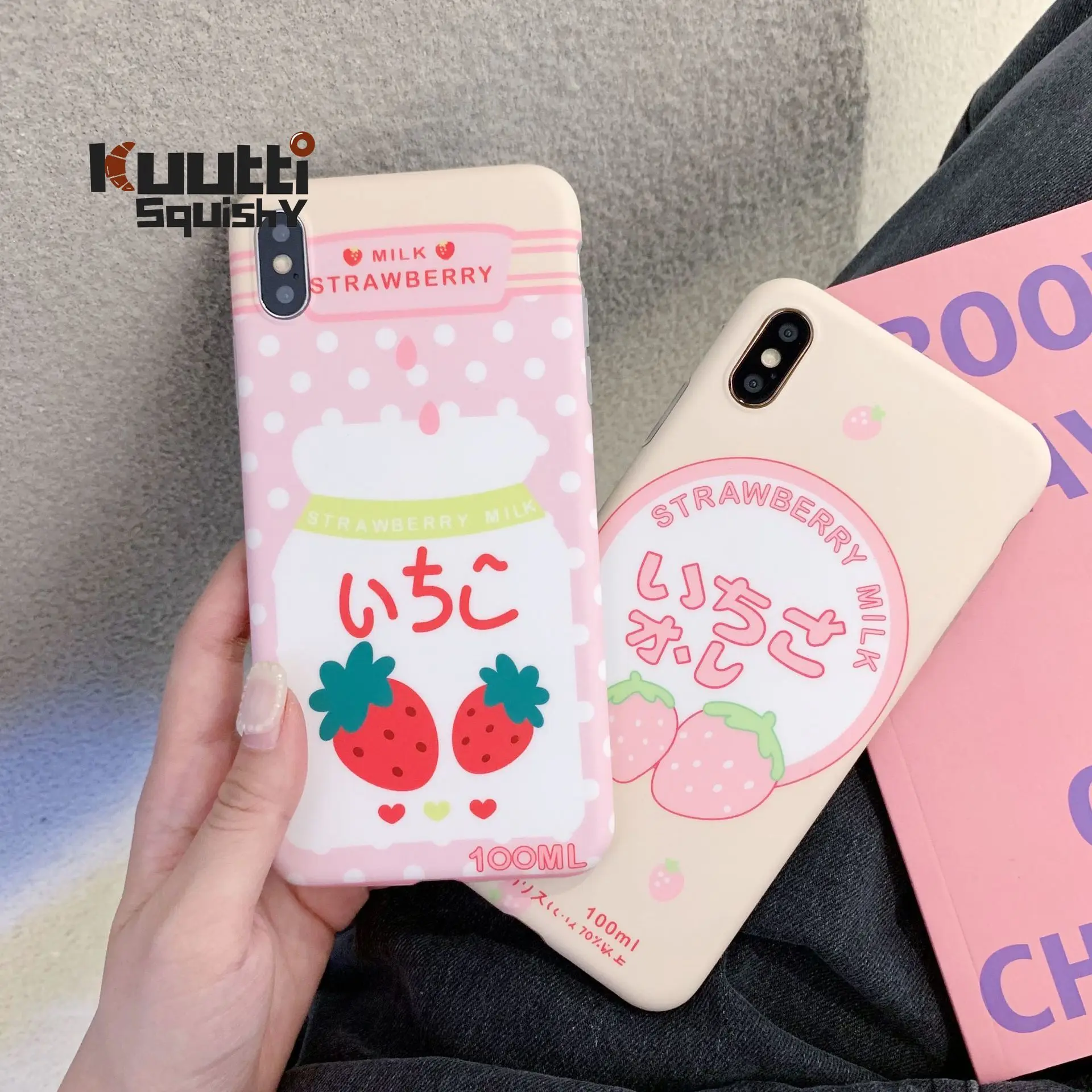 Kuutti Squishy Pink Strawberry Milk Drinking Bottle Pattern Japan Phone Cases for iPhone 6 6s 7 8 Plus X XR XS Max Covers |