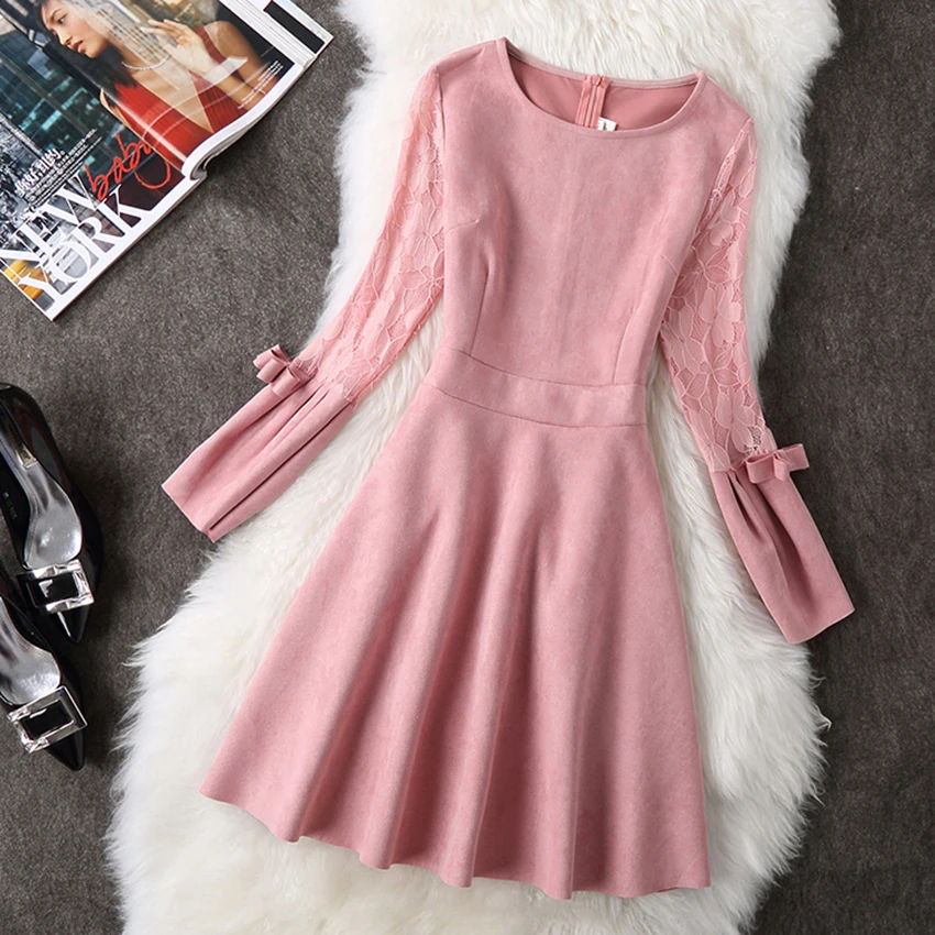 

New Spring Autumn Sweet Lace Patchwork Suede dresses Women Slim High Waist Mesh Party Dress Lantern Sleeve A-Line Vestidos Mw548