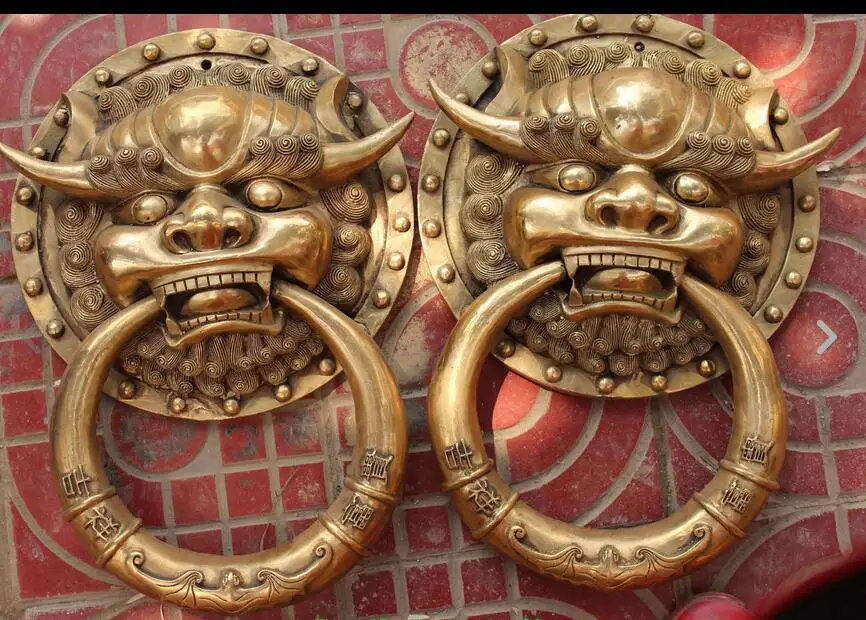 

6710575++18" Chinese Bronze Fengshui Foo Fu Dog Guardion Lion Head Door knocker Gate Pair