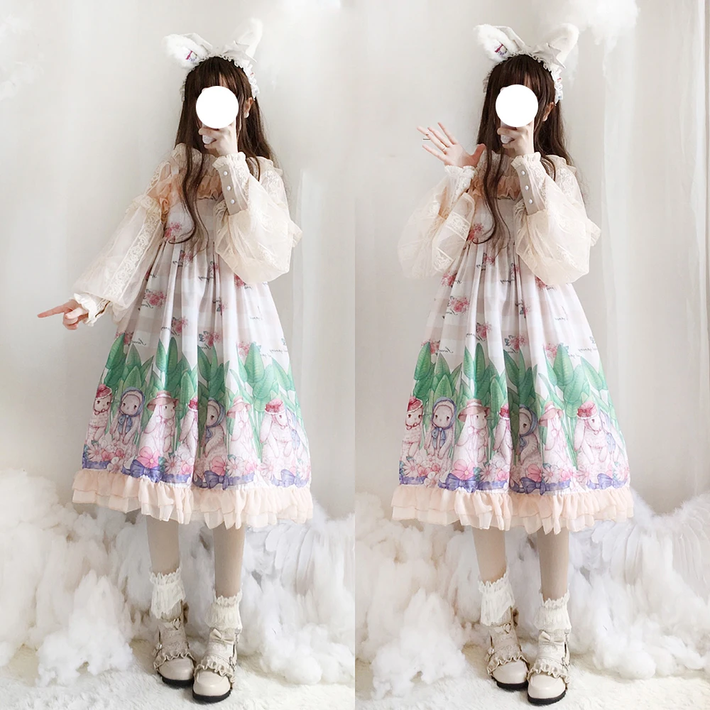 

Kawaii Rabbit Pattern Sweet Lolita Sleeveless Suspender Dress Female Fairy Kei Chiffon Trim Flouncing Vintage JSK Dresses