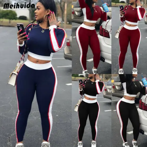 

2pcs Fashion Women Long Sleeve Bodycon Jumpsuit Slim Tops+Pants Casual Clubwear