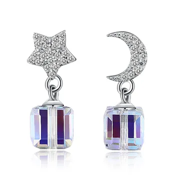 

925 Sterling Silver Cubic Zircons Moon Star Earrings Women Crystals from Swarovksi Pendant Drop Earrings for Lady Girl Love Gift