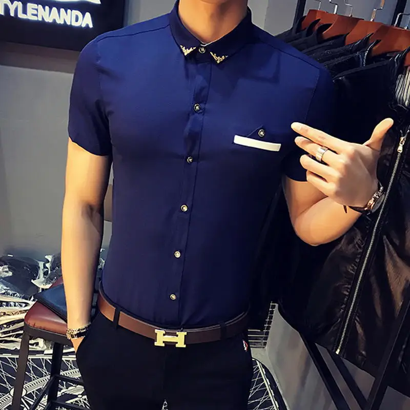 2018 New Arrival Brand Men's Summer Business Shirt Short Sleeves Turn down Collar Tuxedo Shirt 