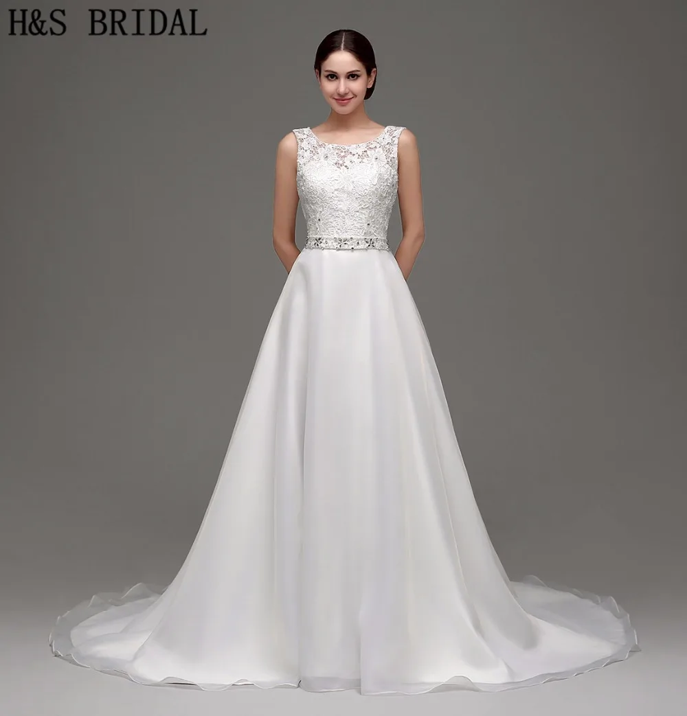 

A-line Organza Lace wedding dress Chapel Train vestido de noiva Bridal Gown Straps Beaded Sexy Deep V Back Wedding Gown 2017