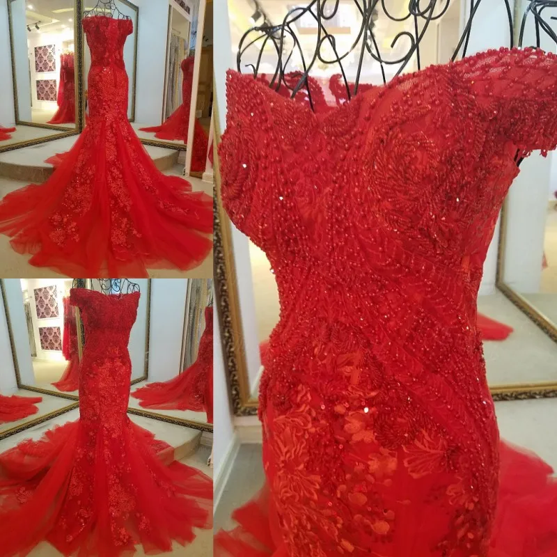 LS45980 red evening gown sweetheart tulle lace up back off the shoulder luxury sexy beading mermaid formal dress real photos