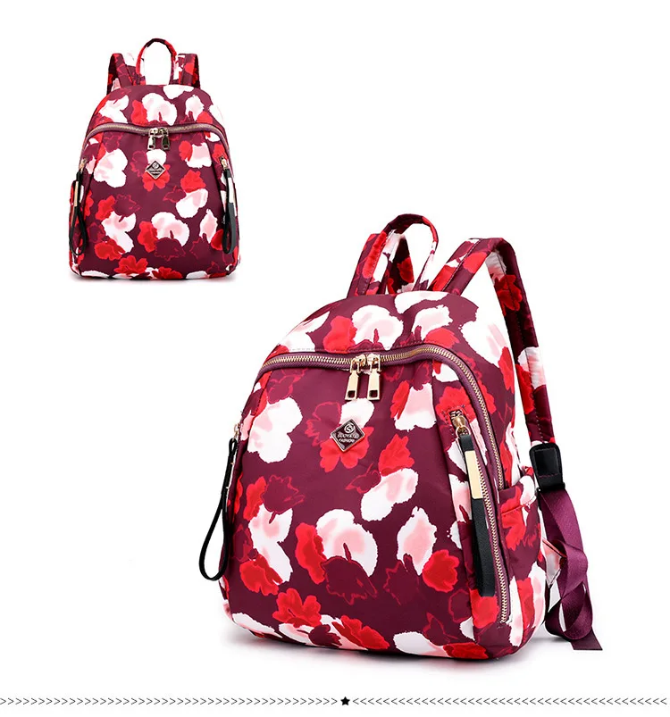 Women Floral Nylon Backpack Female Fashion Printing Casual Rucksack Famous Lady Girls Large Black Purple Blue Soft Shoulder Bag