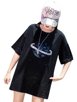 

Ins sequins planet t T-shirt short sleeve medium-long loose flash net Red Star sky half-sleeve jacket new summer style of 2019