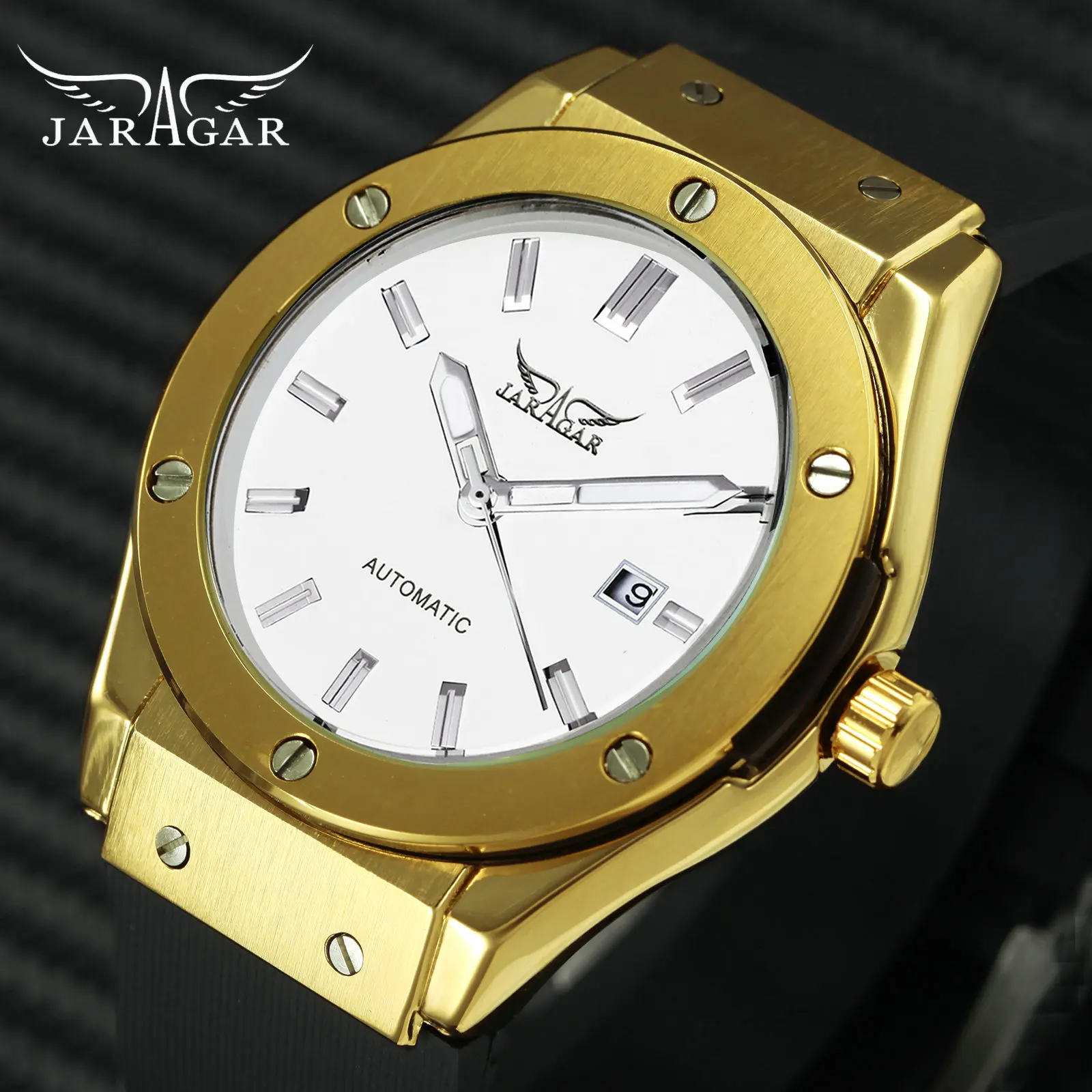 

2019 Top Brand Luxury Watch Men JARAGAR Sports Auto Mechanical Clock Rubbrer Strap Calendar Fashion Golden Wristwatch Hip Hop