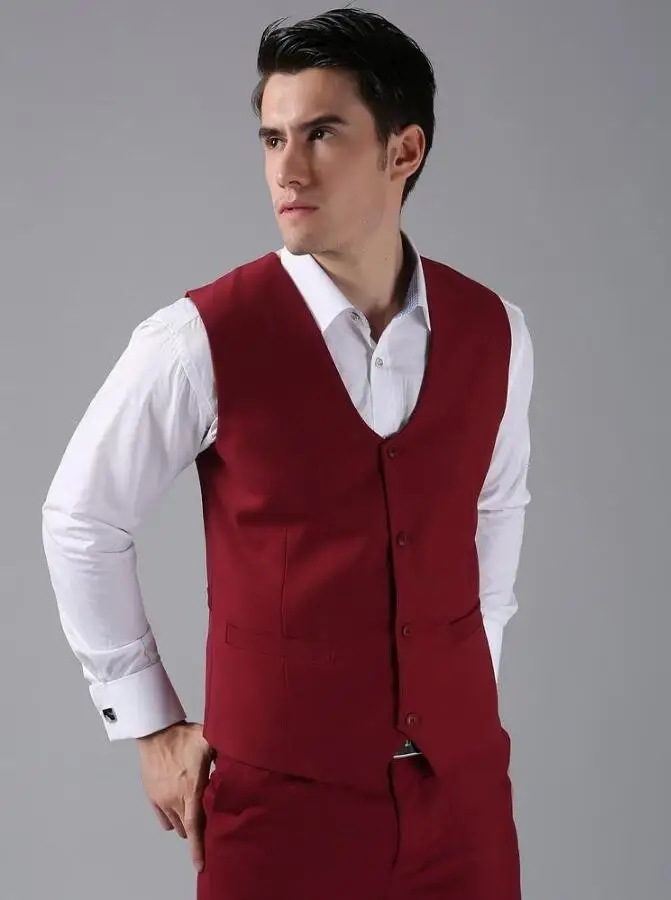 Red Men's Vest Single Breasted Office Business Suit Vest Slim Fit