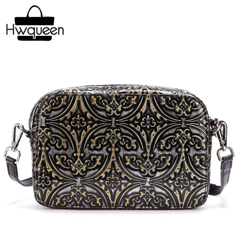 

Vintage Embossing Designer Genuine Cow Leather Women Small Flap Bag Messenger Bag Zipper Closure Lady Single Cross Shoulder Bag