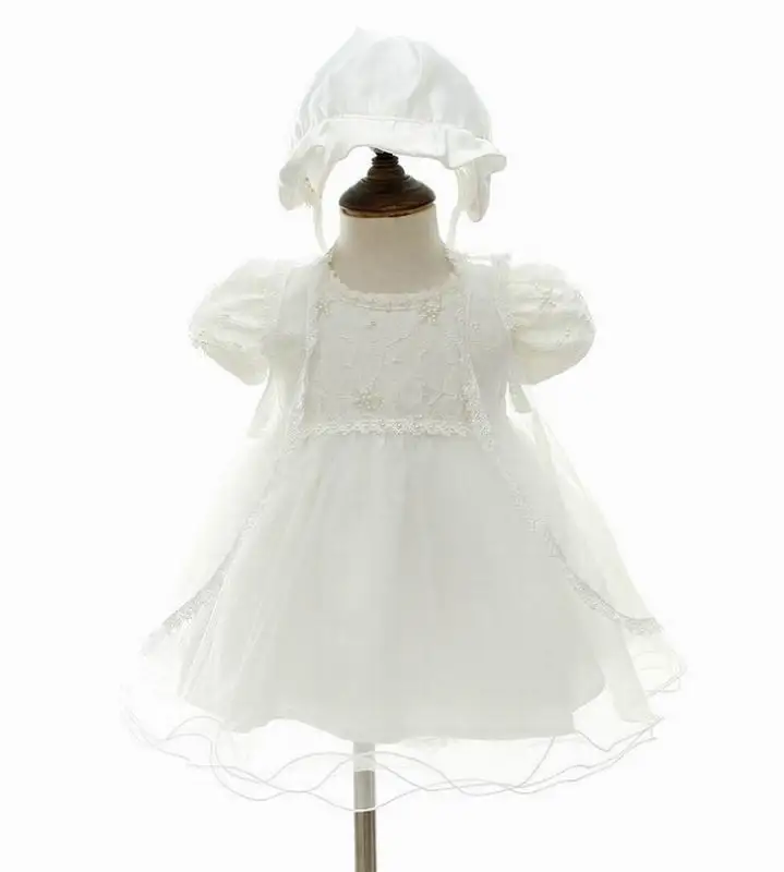 Baby Girl Dress Formal Christening Baptism Gowns White Lace Baby Dress+Shawl+Cap Kids Clothing 1780BB