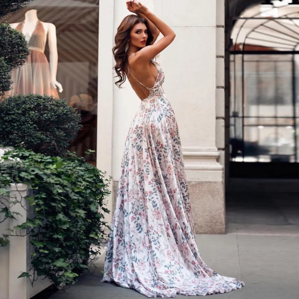 

Women Summer Boho Strappy Sexy Deep V-neck Long Maxi Party Beach Dresses