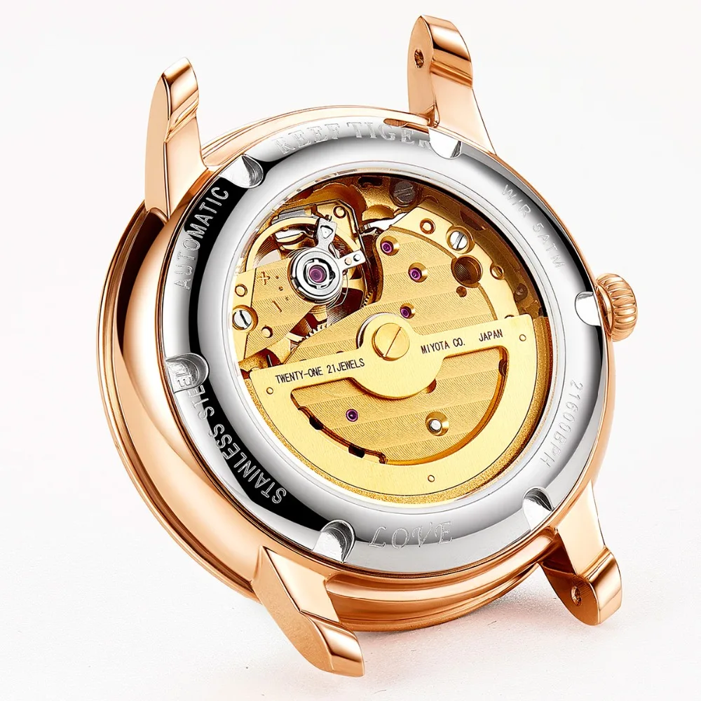 Reef Tiger/RT Топ Бренд роскошные женские часы розовое золото автоматические Relogio Feminino