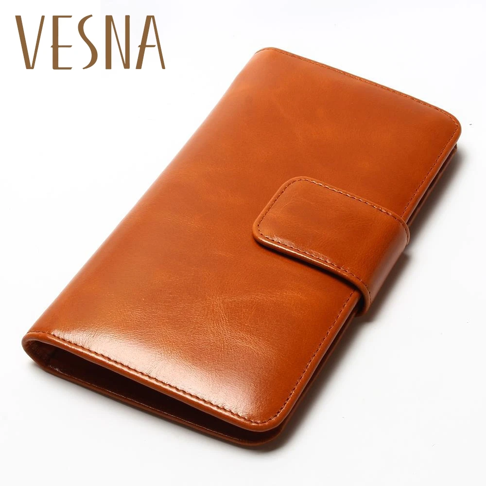 

Women Multi-Card Oil Wax Leather Wallet Long Genuine Leaher Wallet Holder Good Quality Zipper Pocket Multi-Color Fashion Clutch