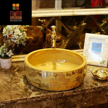 

3colors, China Antique Painting Style Countertop Round Lavobo Ceramic Bathroom Sink Washbasin