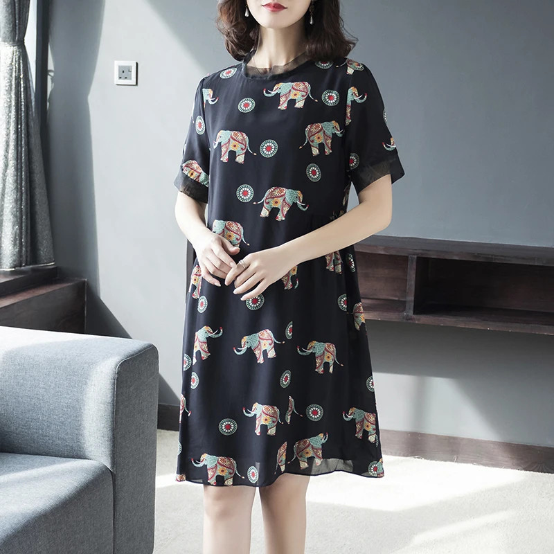

4XL 2019 Summer High quality Real Silk Dress Women Clothing Elegant Elephant Print Mom Dress Party Dress Plus Size Vestidos