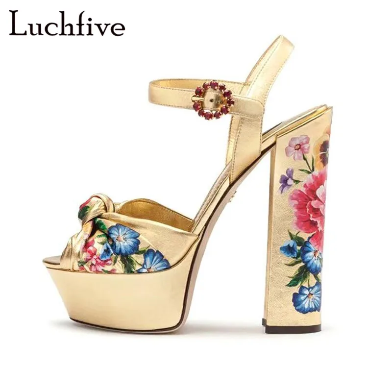 

Runaway Platform Sandals Chunky High Heel Shoes Woman Bowtie Peep Toe Gold Party Shoes Rhinestone Buckle Strap Zapatos De Mujer