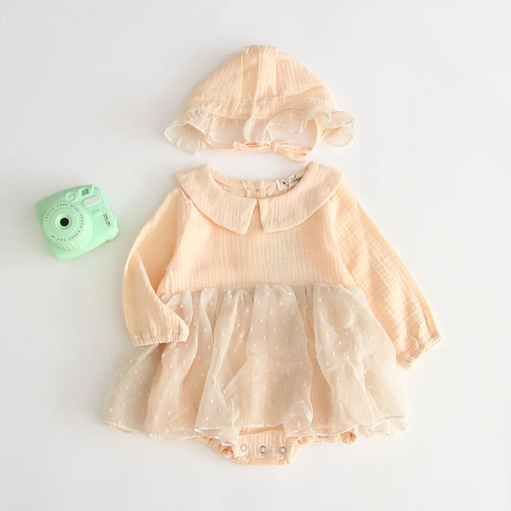 Весенний Детский комбинезон для новорожденных из 2 предметов+ шапка, хлопковый комбинезон с длинными рукавами, игровой костюм для маленьких девочек, модная одежда для маленьких девочек - Цвет: B91H35 Pink