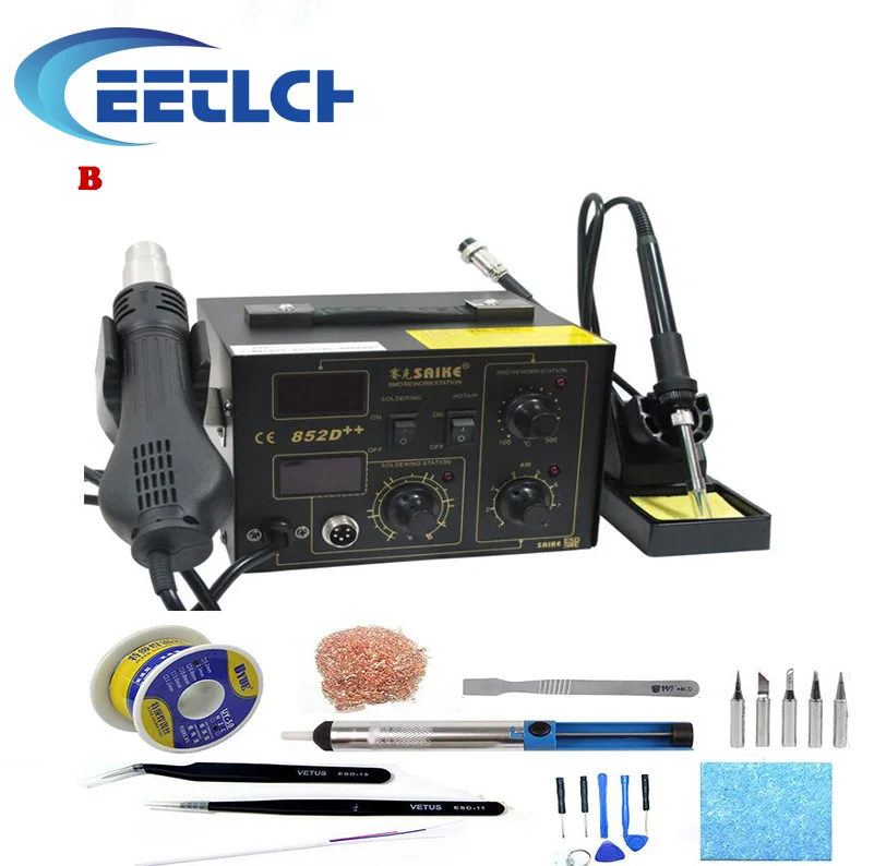 

220V or 110V SAIKE 852D++ Standard Rework Station Soldering iron 2 in 1 iron Hot Air Rework soldering Soldering Heat Gun