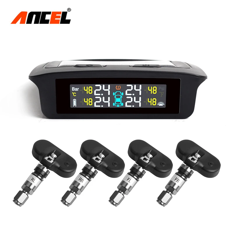 

Ancel TPMS Solar Power & USB TPMS Tire Pressure Monitoring System Digital LCD Display Auto Alarm System Wireless Sensor TPMS
