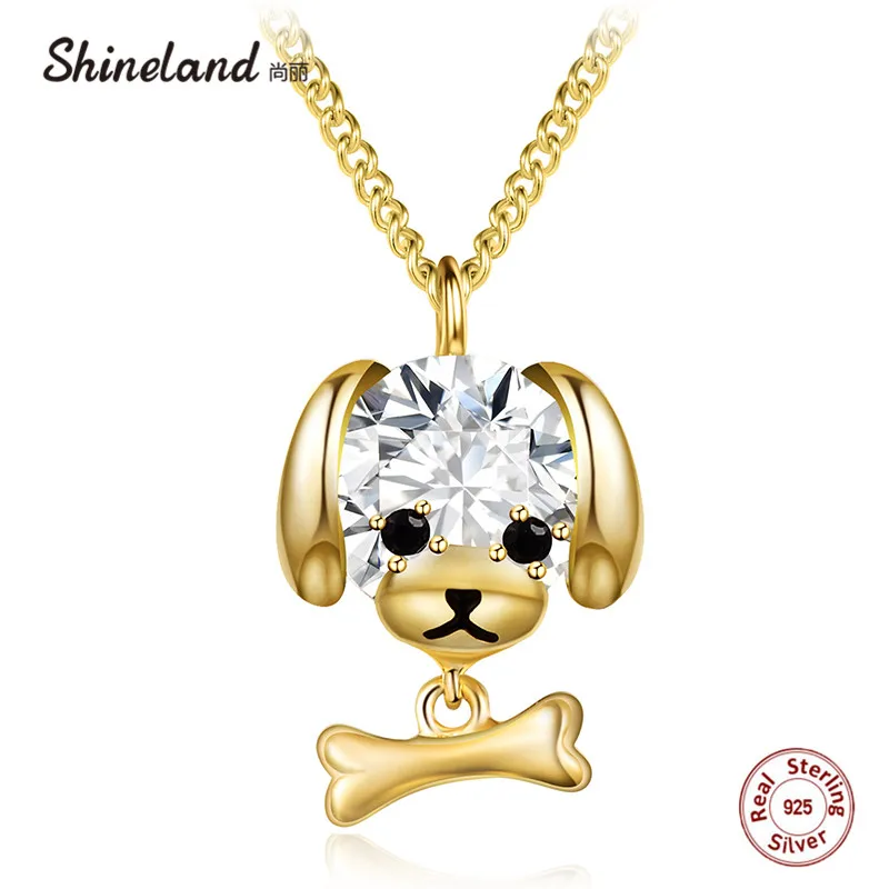 

Shineland Authentic 925 Sterling Silver Dog with Bone Pedants Women Clear CZ Pet Charm Gold Color Choker Necklace Jewelry Gift
