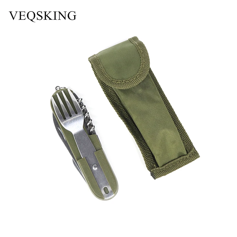 

Army Green Folding Camping Picnic Cutlery Stainless Steel Camping Knife Fork Spoon Folding Outdoor Tableware Bottle Opener