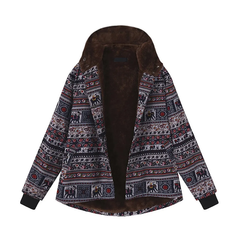 

CHAMSGEND Coat Female Printed Vintage Long Sleeve Women's Coats Winter Warm Outwear Button Pockets Thick Hooded Coats Oc23