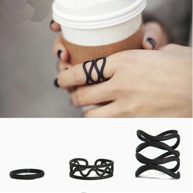 

3Pcs Punk Multilayer Hollow Cross Mini Finger Tip Rings Set Stack Plain Above Knuckle Ring For Women Black Jewelry Gifts