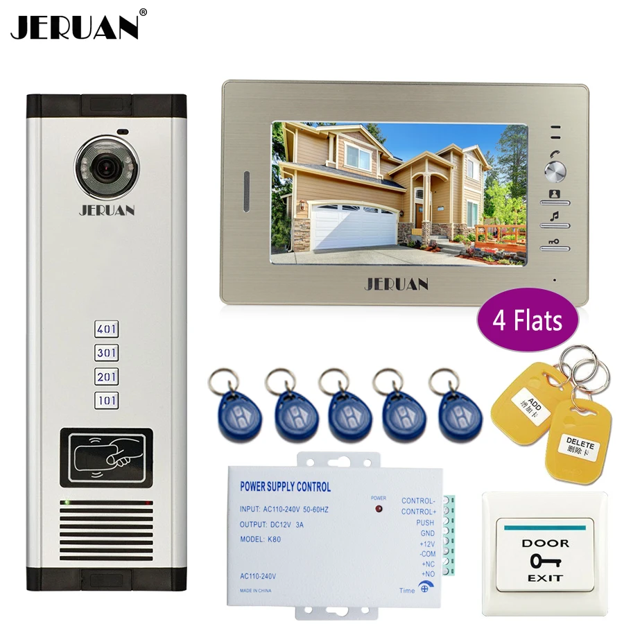 

JERUAN 7 inch LCD Monitor 700TVL Camera Apartment video door phone 4 kit+Access Control Home Security Kit+free shipping