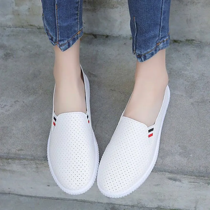 Women Sneakers White Flats Cut-Out Woman Loafers Pu Leather Slip on Shoes Low Heels Casual Shoes Espadrilles Ladies N7145