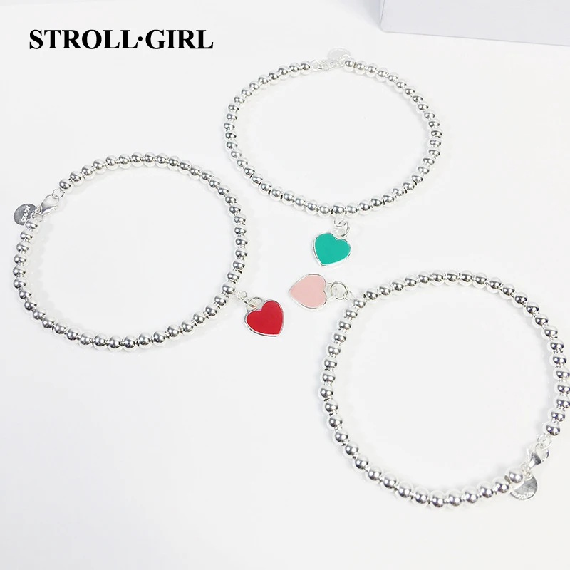 

StrollGirl Hot sale 925 Sterling Silver Fashion bracelet with Red Pink Green enamel for Women party DIY Jewelry drop shipping