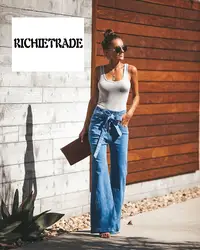 RICHIETRADE/сексуальные длинные джинсовые брюки с рисунком, широкие джинсы, пояс, карманы, молнии, джинсовые брюки