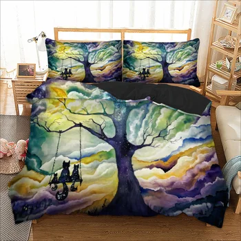 

Swinging cat Duvet Cover set with pillowcases bedding set with pillowcases polyester cartoon bed linens set double bedclothes