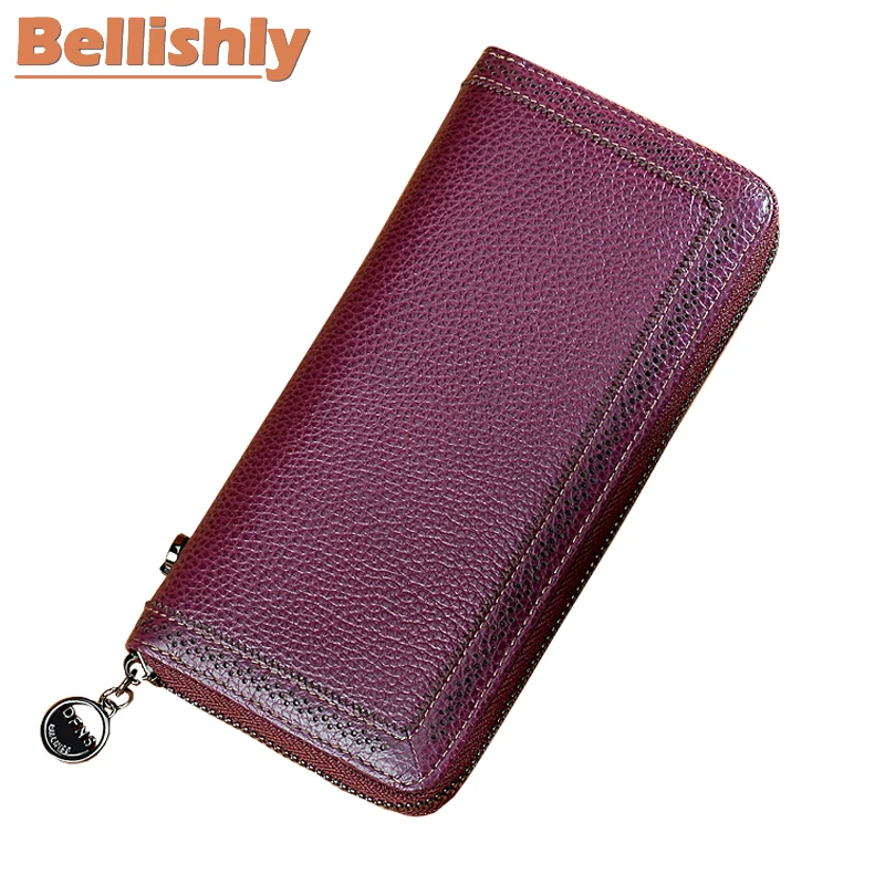

Bellishly 2019 Solid Genuine Leather Zipper Long Women Wallet Phone Bag Luxury Brand Wallets Designer Purse Card Holder Clutch