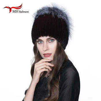 

MH Russia winter hats Luxury mink fur hat genuine with whole silver fox fur top fashion elegant beanies high-end female cap W#15