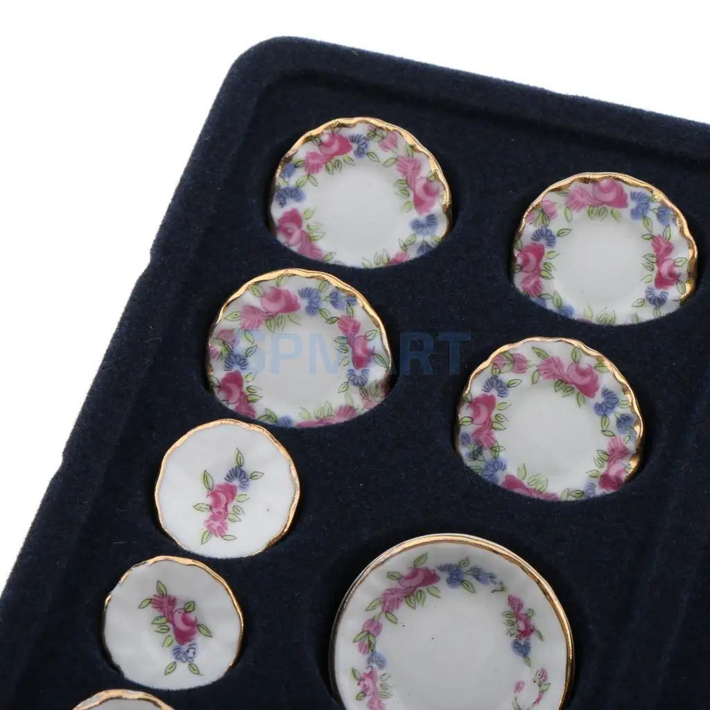 40 Pieces 1/12 Scale Rose Flowers Porcelain China Tea Set Pot Cup Saucer Plate for 12th Dolls House Decoration Accessories