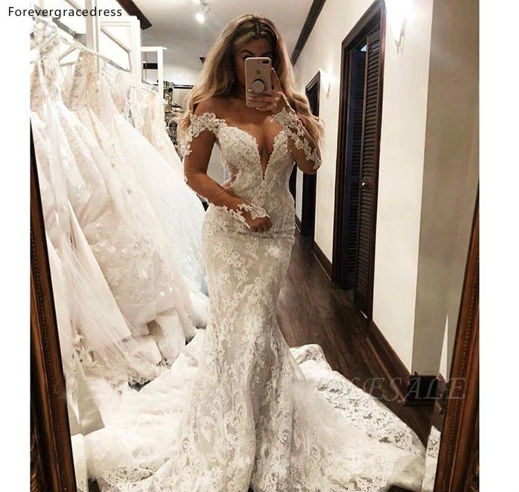 

Long Sleeve Mermaid Wedding Dresses 2019 Deep V Neck Country Garden Formal Bride Bridal Gowns Plus Size Custom Made