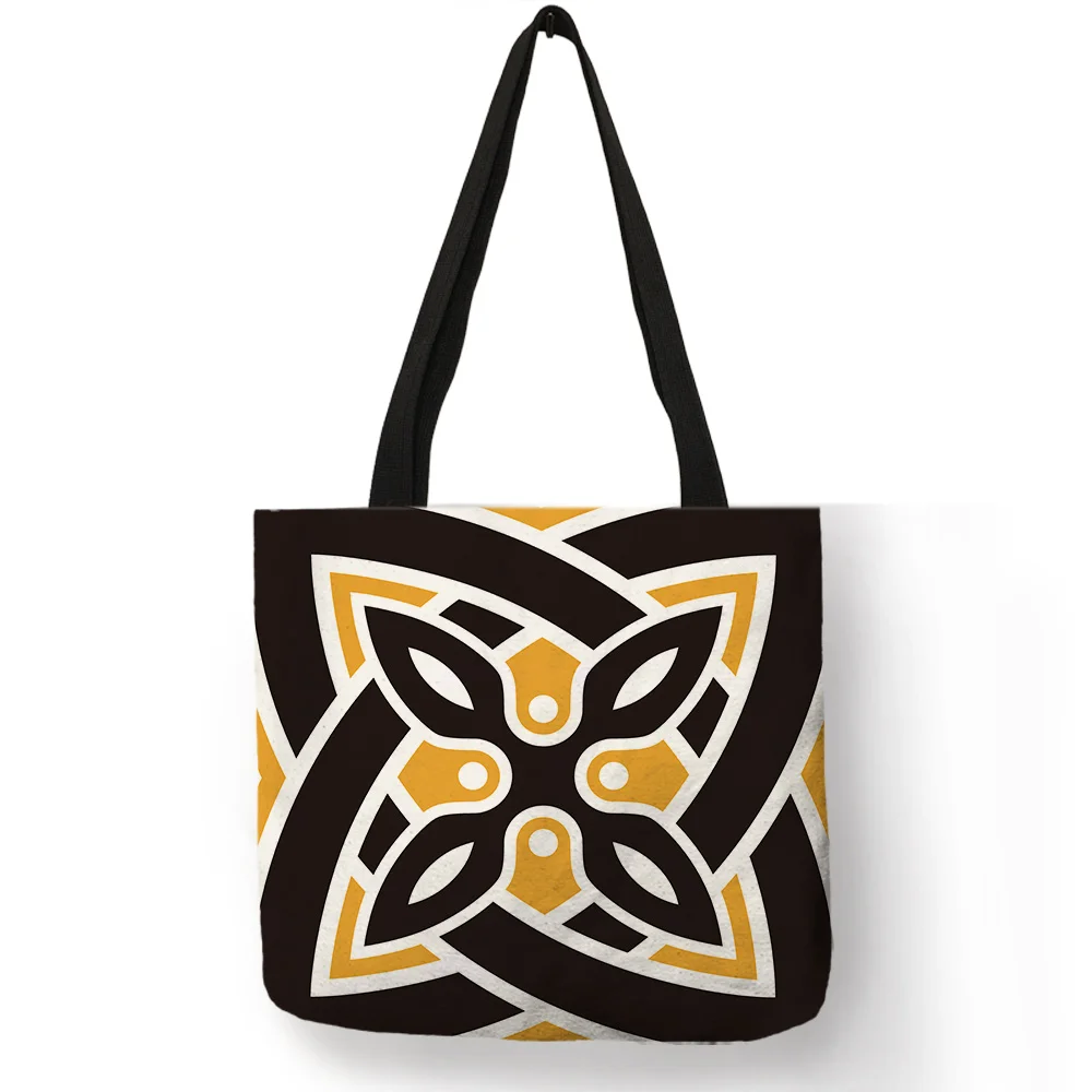 

Creative Geometry Print Handbag Black Yellow Abstract Intertwine Pattern Shoulder Bags High Quality Linen Durable Daily Totes