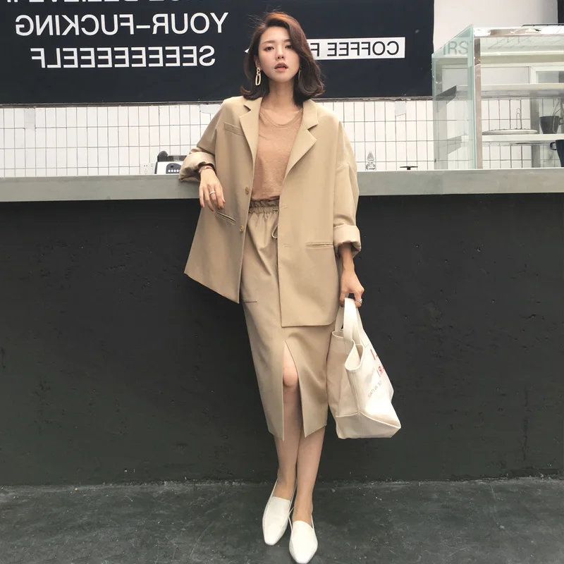 Suit female 2019 autumn new temperament casual loose long suit jacket trousers solid color elegant fashion two-piece set