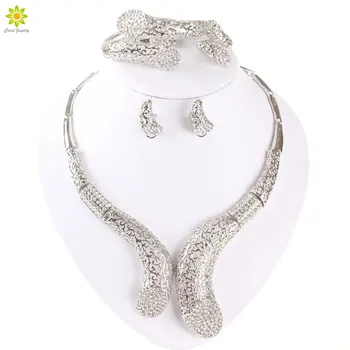 

African Beads Accessories Crystal Silver Plated Hollow Out Big Choker Necklace Earrings Ring Bracelet Jewelry Sets Women Wedding