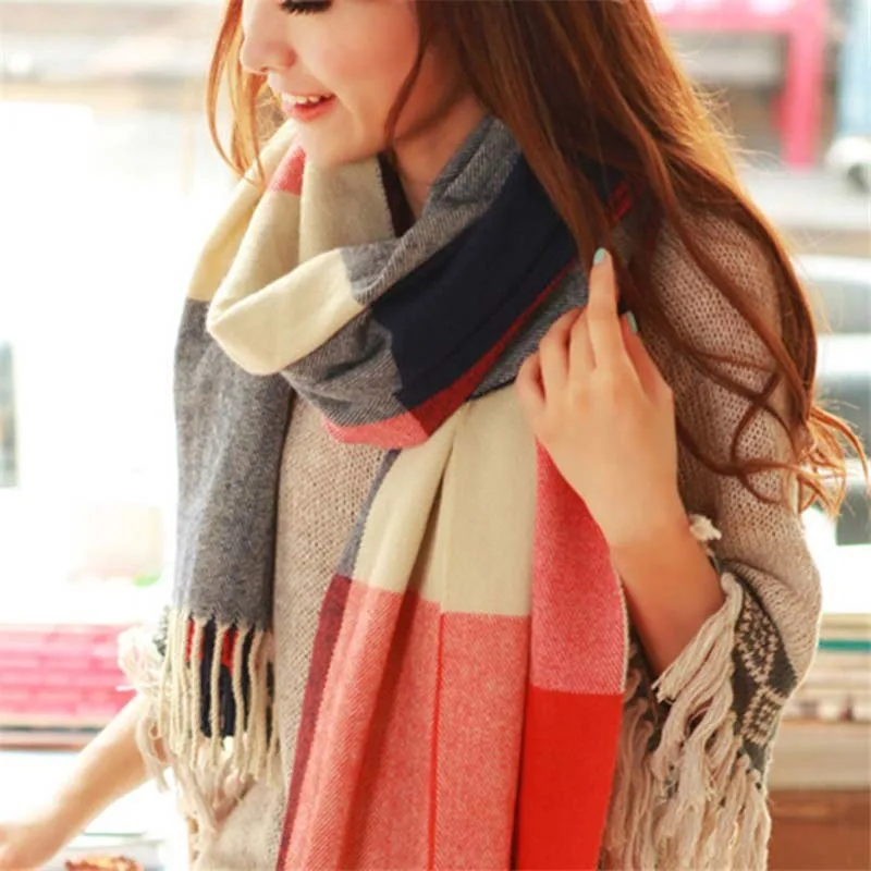 Women Men 100% Wool Large Warm Winter Scarf Shawl Wrap with Tassels 200x30 cm