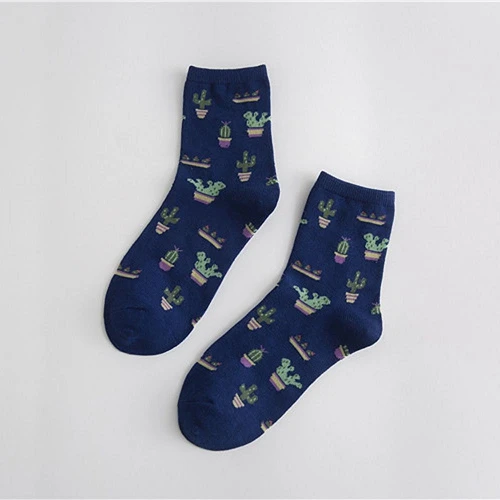 1 пара; сезон весна-лето; удобные милые хлопковые носки с рисунком кактуса для женщин и девочек; повседневные теплые мягкие забавные носки - Цвет: Тёмно-синий