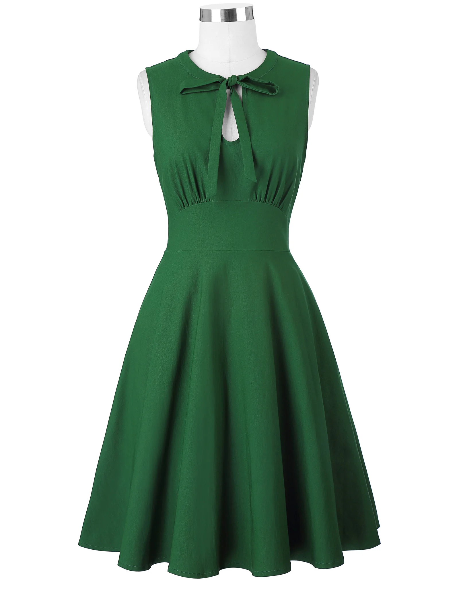 new Sleeveless Tied Neck dress elegant knee length High Stretch dresses women solid color shirred decor Party A line Dress green