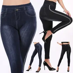 2019 имитация леггинсов, джинсы, женские леггинсы с карманами в полоску, облегающие джеггинсы, женские джинсовые обтягивающие брюки, большие