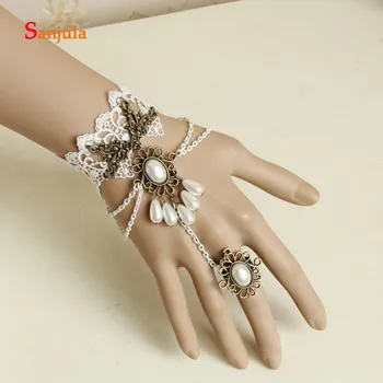 

Wedding Gloves Handmade Pearls Water Drop Shape White Lace Ring & Bracelet Bridal Gloves Gothic Lolita Dress Accessories G54