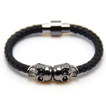 

Trendy fashion leather bracelet Punk Gun Black color skull bracelet man leather bracelet