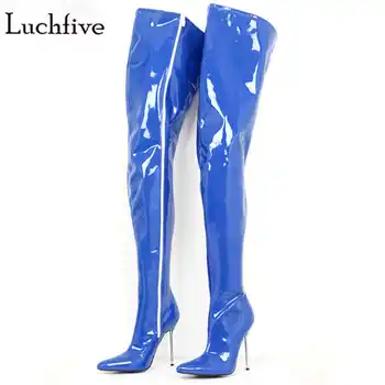 

Fetish Unisex Long Boots Extreme metal High Heel 12cm Over-The-knee Crotch Boots Patent PU Leather knight club Thigh high Boots